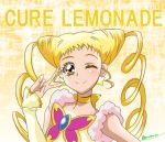  1girl artist_name arudebido blonde_hair blush character_name cure_lemonade detached_sleeves dress drill_hair earrings english eyelashes happy jewelry kasugano_urara_(yes!_precure_5) long_hair looking_at_viewer magical_girl one_eye_closed precure signature sketch smile solo twin_drills twintails yellow_dress yellow_eyes yes!_precure_5 