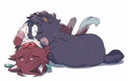  1boy 1girl animal animal_ears animal_focus animalization ayase_momo black_fur bow bowtie brown_fur cat cat_ears cat_tail chinese_commentary closed_eyes commentary_request dandadan dog dog_ears dog_tail earrings full_body glasses jewelry kai_(huikuai2) lying no_humans on_back on_stomach open_mouth red_bow red_bowtie round_eyewear tail takakura_ken_(dandadan) white_background 