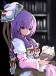  1girl alternate_hairstyle blurry book bookshelf braid capelet chair depth_of_field dress hat hat_removed hayate-s headwear_removed highres holding long_hair long_sleeves mob_cap nail_polish patchouli_knowledge purple_dress purple_hair reading solo touhou twin_braids violet_eyes 
