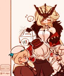  ! !! 2boys 2girls animal_ears bare_shoulders black_cape black_mask blonde_hair cape cat_ears cat_girl dress freminet_(genshin_impact) genshin_impact hat highres jacket lace-trimmed_eyepatch long_hair lynette_(genshin_impact) lyney_(genshin_impact) mask mask_over_one_eye multiple_boys multiple_girls one_eye_covered red_cape short_hair signora_(genshin_impact) sparkle strapless strapless_dress takeout_container top_hat twitter_username ui_uyo white_background 