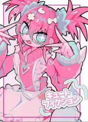  +_+ 1girl :p apron blue_eyes border bow bright_pupils camisole closed_mouth commentary_request double_w dress frilled_apron frills glasses grey-framed_eyewear grey_scrunchie hair_bow hair_ornament hair_scrunchie heart heart_hair_ornament indie_utaite inset_border kimoti_omoti long_hair long_sleeves nail_polish nanawo_akari outline outside_border pink_background pink_camisole pink_dress pink_hair pink_nails polka_dot polka_dot_background puffy_long_sleeves puffy_sleeves scrunchie semi-rimless_eyewear short_hair simple_background smile solo tongue tongue_out translation_request twintails twitter_username upper_body utaite w white_apron white_border white_bow white_outline white_pupils 