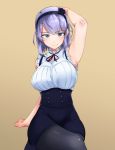  1girl arm_up black_legwear blue_eyes breasts dagashi_kashi dress hairband large_breasts looking_at_viewer pantyhose purple_hair ribbon sagara1990 shidare_hotaru short_hair simple_background sleeveless sleeveless_dress smile solo 