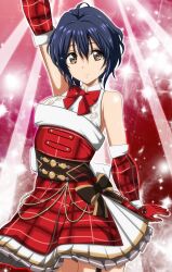  1girl 22/7 ahoge arm_up black_hair bow bowtie brown_eyes closed_mouth collared_dress cowboy_shot detached_sleeves dress garter_straps gentoku gloves hair_between_eyes highres light_rays outstretched_arms plaid_clothes plaid_dress red_background red_bow red_bowtie red_dress red_gloves short_hair sleeveless sleeveless_dress smile solo sparkle standing sunbeam sunlight takigawa_miu wavy_hair 