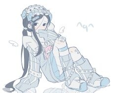  1girl absurdres alternate_costume alternate_hairstyle bandaid bandaid_on_hair bandaid_on_knee bandaid_on_leg black_eyes black_hair blue_skirt blue_socks character_doll covering_own_mouth english_commentary hat highres looking_afar loose_socks low_ponytail michie_1129 mob_cap shoes single_sidelock sitting skirt sleeves_past_fingers sleeves_past_wrists socks synthesizer_v text_hair_ornament white_footwear yi_xi_(synthesizer_v) 