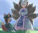  1boy 1girl animal_ears blonde_hair blue_eyes dress facial_hair fox_ears fox_tail frilled_dress frills gloves grass hat highres luigi multiple_tails mustache profitshame short_hair super_mario_bros. suspenders tabard tail touhou yakumo_ran yellow_eyes 