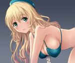  1girl atago_(kantai_collection) bikini blonde_hair blue_bikini blush breasts gradient gradient_background green_eyes hat kantai_collection long_hair looking_at_viewer parted_lips shian_(my_lonly_life.) simple_background smile solo swimsuit 
