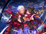  1boy 1girl archer black_hair blue_eyes carrying dark_skin empew fate/stay_night fate_(series) hair_ribbon long_hair male princess_carry ribbon smile thigh-highs tohsaka_rin toosaka_rin torn_clothes twintails two_side_up white_hair 