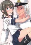  1boy 1girl black_hair blue_eyes blush carrying feesu_(rinc7600) fubuki_(kantai_collection) gloves hat hug kantai_collection long_hair ponytail princess_carry school_uniform serafuku skirt white_gloves white_hair 