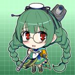  1girl backpack bag blush braid chibi dress eruru_(erl) glasses gradient gradient_background green-framed_glasses green_background green_dress green_hair hairband highres holding long_hair long_sleeves ole_tower open_mouth outline red_eyes smile socket_wrench socket_wrench_(ole_tower) socket_wrench_m36_(ole_tower) solo twin_braids 