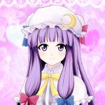 1girl bow capelet crescent hair_bow long_hair mob_cap patchouli_knowledge purple_hair reimei_(r758120518) smile striped tied_hair touhou violet_eyes 