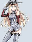 1girl arms_behind_back bismarck_(kantai_collection) blonde_hair blue_eyes blush bottomless cowboy_shot elbow_gloves gloves grey_legwear hand_on_headwear hat kantai_collection long_hair military military_uniform peaked_cap silver_background simple_background solo thigh-highs tokoi uniform very_long_hair 