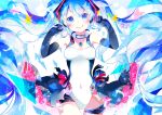  1girl absurdres blue_eyes blue_hair covered_navel elbow_gloves floating_hair gloves hatsune_miku highres hoshino_kisora leotard long_hair looking_at_viewer racequeen smile solo star twintails very_long_hair vocaloid 