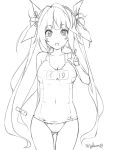  1girl i-19_(kantai_collection) kantai_collection long_hair monochrome school_swimsuit standing swimsuit twintails v yukinon 