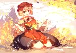  1girl aki_minoriko apron autumn autumn_leaves blonde_hair food fruit grapes hat large_breasts open_mouth red_eyes shirt sitting skirt smile solo touhou wide_sleeves yetworldview_kaze 