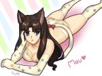  1girl :&lt; animal_ears ass blue_eyes blush bra breasts brown_hair cat_ears cat_tail chin_rest cleavage elbow_gloves fate/stay_night fate_(series) gloves hair_down kemonomimi_mode lilirulu long_hair lying on_stomach panties paw_print solo tail thigh-highs tohsaka_rin toosaka_rin underwear 