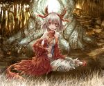  1girl butterfly duel_monster highres horns invisible jewelry leaf midriff open_mouth pendant red_eyes silver_hair sitting spider tail traptrix_myrmeleo yue_(pixiv2547) yuu-gi-ou 