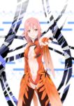  1girl absurdres bare_shoulders black_legwear breasts center_opening choco_lemon cleavage detached_sleeves fingerless_gloves gloves guilty_crown hair_ornament hairclip highres long_hair looking_at_viewer navel open_mouth outstretched_arms pink_hair red_eyes solo thigh-highs twintails yuzuriha_inori 