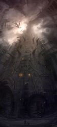  building clouds cloudy_sky creature dragon fantasy from_below hideyoshi_ruwwe highres original panorama scenery shadow sky sunlight tower window 