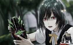  1girl animalization armband black_hair black_jacket black_pants black_suit black_vest blurry blurry_background bob_cut bujinsword_buckle collared_shirt commentary_request dress_shirt dutch_angle fangs green_hair hair_ribbon holding jacket kamen_rider kamen_rider_geats_(series) love_live! love_live!_nijigasaki_high_school_idol_club mifune_shioriko neck_ribbon nijigasaki_school_uniform open_mouth outdoors pants red_armband red_eyes ribbon school_uniform shirt short_hair sitting suit summer_uniform swept_bangs takasaki_yu teeth toad_(animal) upper_body v-shaped_eyebrows vest white_shirt yellow_ribbon yoruneko_yashiro 