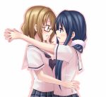  2girls arms_around_neck artist_request black_hair blue_eyes blush brown_eyes brown_hair eye_contact glasses hair_ornament hanayamata long_hair looking_at_another multiple_girls nishimikado_tami open_mouth school_uniform skirt smile tokiwa_machi yuri 