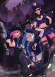  3girls anger_vein angry black_hair blue_hair breasts caitlyn_(league_of_legends) cleavage gun highres jinx_(league_of_legends) large_breasts league_of_legends multiple_girls pink_hair police police_uniform rifle skirt sniper_rifle tagme uniform vi_(league_of_legends) weapon 