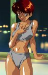  1girl arm_rest brown_hair cowboy_shot dark_skin earrings hand_on_own_chest indoors jewelry light_smile looking_at_viewer navel night red_eyes shiny shiny_skin short_hair solo sports_bra super_real_mahjong toono_mizuki underwear underwear_only window 
