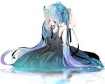  1girl adjusting_hair aqua_eyes aqua_hair arms_up artist_name dress hatsune_miku highres long_hair mouth_hold shii_(cocoa) solo twintails very_long_hair vocaloid white_background 