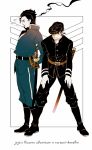  2boys black_hair crossover higashikata_jousuke hinoe_(right-hnxx03) jojo_no_kimyou_na_bouken katana kuujou_joutarou military military_uniform multiple_boys pompadour rurouni_kenshin sheath sheathed sword uniform weapon 