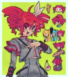  3girls :d ahoge akita_neru aqua_hair arm_at_side bad_anatomy bad_hands baguette black_sleeve_cuffs blonde_hair border bow bread buttons cowboy_shot degodraws double-breasted double-parted_bangs drill_hair english_commentary eyes_visible_through_hair food fumo_(doll) green_background grey_jacket grey_skirt hair_bow hair_over_one_eye hand_on_own_chest hatsune_miku highres holding holding_food jacket kasane_teto kasane_teto_(sv) midriff_peek multiple_girls multiple_views musical_staff_print open_hand open_mouth outside_border pearto red_eyes red_hair red_trim shoulder_belt shoulder_boards simple_background skirt skirt_set smile staff_(music) synthesizer_v triple_baka_(vocaloid) twin_drills twintails utau vocaloid white_border white_bow 