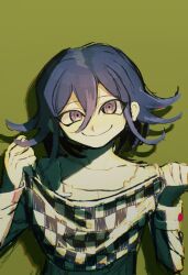  1boy checkered_clothes checkered_scarf collarbone danganronpa_(series) danganronpa_v3:_killing_harmony flipped_hair foca_(sello20582612) green_background highres holding holding_scarf holding_unworn_clothes long_sleeves looking_at_viewer male_focus oma_kokichi purple_hair ringed_eyes scarf shirt short_hair simple_background smile solo two-tone_scarf upper_body violet_eyes 
