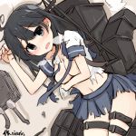  1girl artist_name black_eyes black_hair blush breast_hold breasts cleavage damaged kantai_collection long_hair looking_at_viewer lying machinery navel neckerchief on_side pleated_skirt rinrin_(rinrin_monacoin) sailor_collar school_uniform serafuku skirt solo thigh_strap torn_clothes torn_shirt torn_skirt ushio_(kantai_collection) 