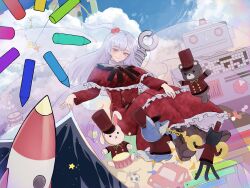  1girl absurdres blue_eyes bow capelet closed_mouth clouds cloudy_sky dress grey_hair hair_bobbles hair_ornament highres instrument long_hair music_box mystic_square one_side_up red_dress rocket_ship shinki_(touhou) sky smile solo space spacecraft star_(symbol) stuffed_animal stuffed_toy tamateba_co touhou touhou_(pc-98) toy toy_airplane toy_robot trumpet white_hair wings 