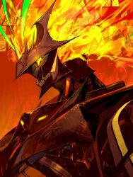  1boy armor ashwatthama_(fate) ashwatthama_(second_ascension)_(fate) character_name fate/grand_order fate_(series) fiery_hair fire full_armor glowing glowing_eyes helmet highres lower_teeth_only male_focus solo suzuhi_(fullprayer) teeth upper_body 