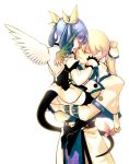 1boy 1girl asymmetrical_wings blonde_hair blue_hair bow carrying closed_eyes couple dizzy fingerless_gloves forehead-to-forehead gloves guilty_gear hair_bow hetero highres ky_kiske long_hair ponytail ribbon san_(winteroll) tail thigh-highs twintails wings younger