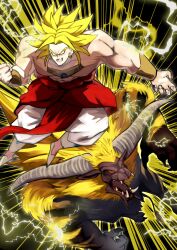  1boy 1other black_fur black_sclera blonde_hair blue_gemstone broly_(dragon_ball_z) colored_sclera commentary_request crackling_energy crossover d_norainu_b dragon_ball dragon_ball_z earrings emphasis_lines enraged_rajang fingernails gem gold_bracer gold_earrings grin highres hoop_earrings horns jewelry legendary_super_saiyan medium_hair monster monster_hunter_(series) muscular muscular_male no_pupils open_mouth pants red_eyes sharp_fingernails sharp_teeth smile spiky_hair super_saiyan teeth topless_male trait_connection white_pants yellow_fur 