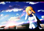  1girl ahoge blonde_hair casual cityscape clouds coat copyright_name fate/stay_night fate_(series) green_eyes hair_ribbon letterboxed long_sleeves ribbon saber scarf sky smile solo sunlight violet_(eightonemini) 