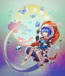 1girl :3 abstract_background absurdres aeginflash black_dress blue_background blue_eyes blue_hair book bow bowtie bug butterfly commentary_request doremy_sweet dress fur-trimmed_dress fur_trim gradient_background green_background hat highres holding holding_book layered_dress long_sleeves metal_arm_cuffs moon_phases nightcap open_mouth oversized_hat pink_background pink_clouds pom_pom_(clothes) puffy_long_sleeves puffy_sleeves purple_background red_bow red_bowtie red_hat short_hair sleeves_past_wrists smile socks swept_bangs tail tapir_girl tapir_tail touhou underwater very_long_tail white_dress white_socks yellow_background 
