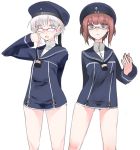 2girls adjusting_glasses auburn_hair beret bespectacled blue-framed_glasses blue_eyes blush bottomless brown_eyes brown_hair buttons clothes_writing cowboy_shot fujibejifu glasses hat kantai_collection long_sleeves military military_uniform multiple_girls neckerchief open_mouth red-framed_glasses sailor_collar sailor_hat short_hair silver_hair simple_background uniform white_background z1_leberecht_maass_(kantai_collection) z3_max_schultz_(kantai_collection) 