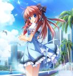  1girl :o bird blue_dress blue_eyes boat bow brown_hair building city cityscape clouds dress feathers fingers_together frilled_dress frilled_sleeves frills fujina_kanori game_cg gotou_nao hair_bow highres lake long_hair looking_at_viewer minami_juujisei_renka official_art outdoors palm_tree puffy_short_sleeves puffy_sleeves ribbon school_uniform short_dress short_sleeves sky solo sunlight surprised tree water 