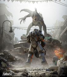  1other 2204design absurdres armor car deathclaw fallout fallout_4 from_behind gatling_gun highres looking_at_creature minigun motor_vehicle pile power_armor power_armor_(fallout) ruins shadow solo stairs sunlight town 