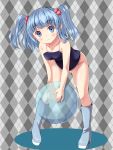  1girl bad_hands ball bent_over blue_eyes blue_hair boots highres kawashiro_nitori oimonocake school_swimsuit short_hair swimsuit touhou twintails 