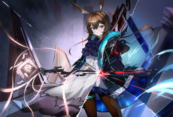  1girl absurdres amiya_(arknights) animal_ears aqua_eyes arknights ascot black_jacket blue_jacket brown_hair brown_pantyhose center_frills closed_mouth clothes_writing commentary_request cowboy_shot crossed_bangs frills hair_between_eyes highres jacket jewelry llenn_pt long_hair looking_at_viewer magic mirrored_text pantyhose purple_ascot shirt sidelocks solo standing thighlet two-sided_fabric two-sided_jacket white_shirt 