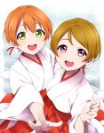  2girls alternate_hairstyle brown_hair highres hoshizora_rin japanese_clothes koizumi_hanayo love_live!_school_idol_project miko multiple_girls open_mouth orange_hair sekina short_hair smile violet_eyes yellow_eyes 