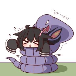  &gt;_&lt; 1girl :&lt; arbok black_hair black_shirt blush chibi chinese_zodiac closed_eyes commentary_request constriction drooling fangs hair_between_eyes hana_kazari highres long_sleeves original parted_lips pokemon puffy_long_sleeves puffy_sleeves shirt simple_background sleeves_past_fingers sleeves_past_wrists tongue tongue_out translation_request triangle_mouth white_background year_of_the_snake 