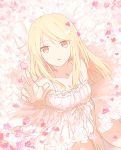  1girl blonde_hair dress flower long_hair looking_at_viewer red_eyes sakura-sou_no_pet_na_kanojo shiina_mashiro sitting solo 