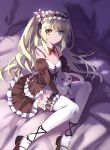  1girl bare_shoulders blonde_hair blue_eyes boku_wa_tomodachi_ga_sukunai detached_collar gothic_lolita hairband hasegawa_kobato heterochromia highres lolita_fashion lolita_hairband long_hair looking_at_viewer red_eyes sitting smile solo stuffed_toy thigh-highs two_side_up white_legwear yokozuwari zhuxiao517 