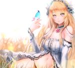  1girl bare_shoulders blonde_hair breasts butterfly choker cleavage detached_sleeves hair_ornament large_breasts lips long_hair looking_at_viewer maid_headdress meto31 navel original sitting solo star star-shaped_pupils symbol-shaped_pupils violet_eyes 