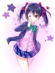  1girl artist_name black_hair bow gendo0033 hair_bow looking_at_viewer love_live!_school_idol_project one_eye_closed red_eyes school_uniform short_hair smile solo star twintails yazawa_nico 