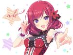  1girl braid character_name hair_ornament love_live!_school_idol_project nishikino_maki open_mouth pinstripe_pattern pointing pointing_at_viewer redhead ribbon sleeveless smile solo star vertical_stripes violet_eyes wrist_cuffs yuuki_(yukinko-02727) 