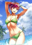  1girl armpits arms_up bikini bracelet jewelry navel necklace ocean open_mouth original palm_tree pendant purple_hair short_hair sky smile solo striped striped_bikini striped_swimsuit swimsuit tree twinpoo violet_eyes water 